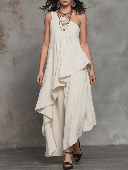 Bohemian One-Shoulder Asymmetric Layered Maxi Dress