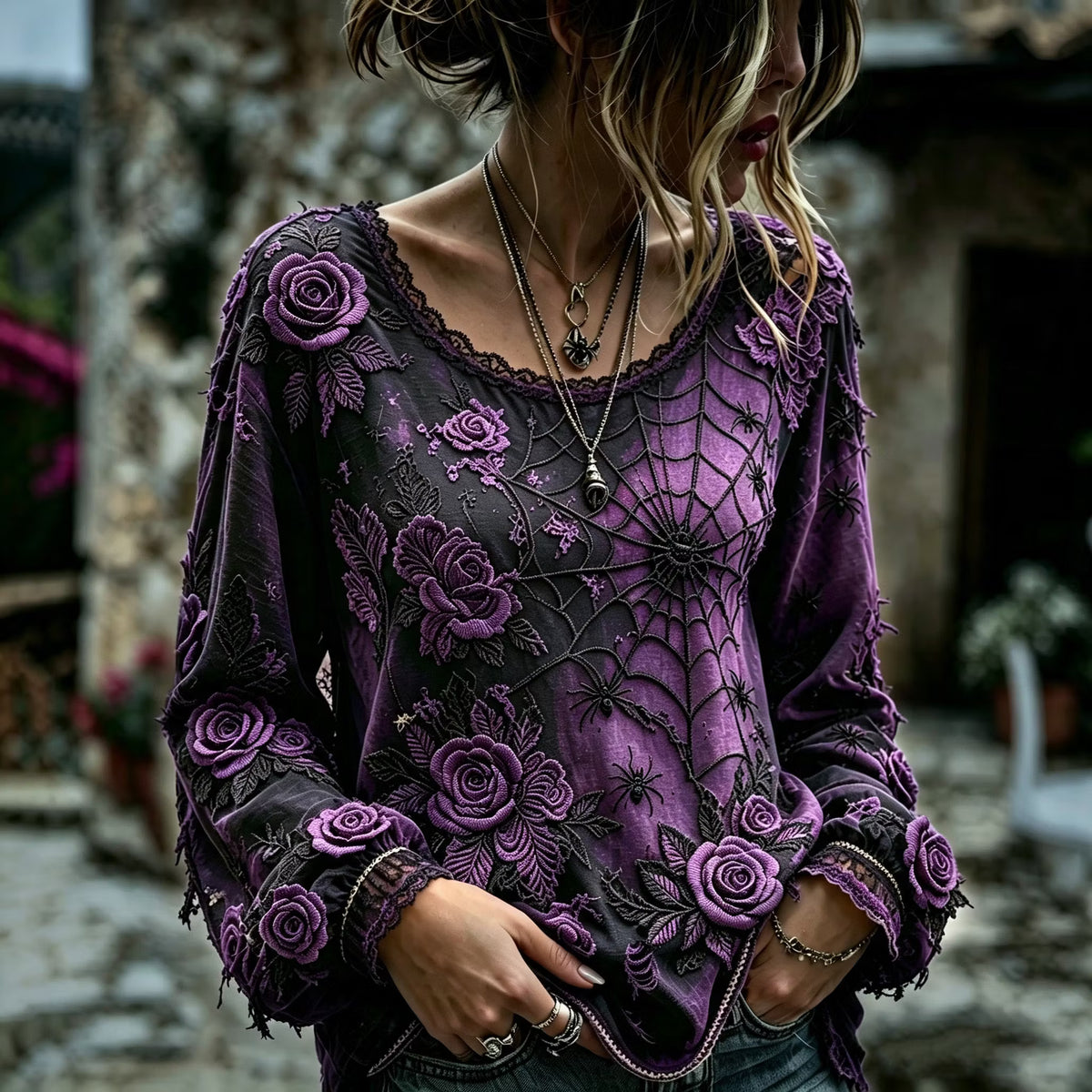 Women's Retro Halloween Style Spider And Rose Embroidered Print Top