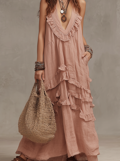 Romantic Bohemian Ruffled Layered Maxi Dress In Blush Pink