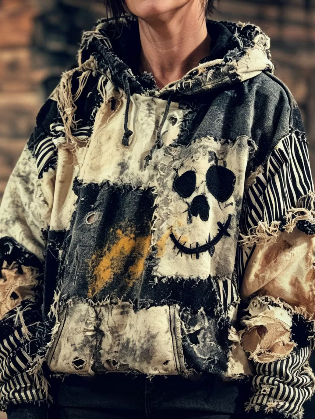Women's Retro Halloween Skull And Smiley Face Pattern Distressed Patchwork Art Hooded Sweatshirt