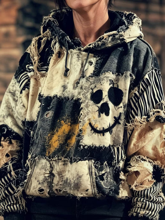 Women's Retro Halloween Skull And Smiley Face Pattern Distressed Patchwork Art Hooded Sweatshirt