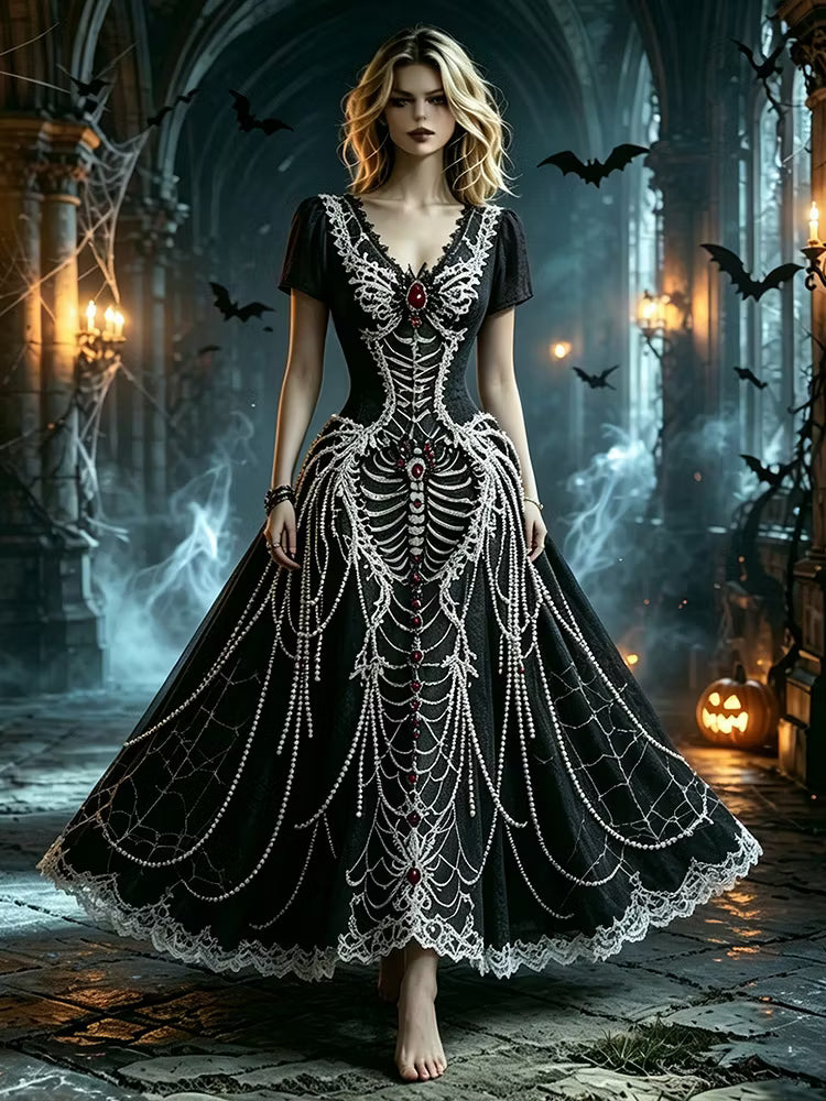 Gothic Retro Skull Spider Web Lace Maxi Dress