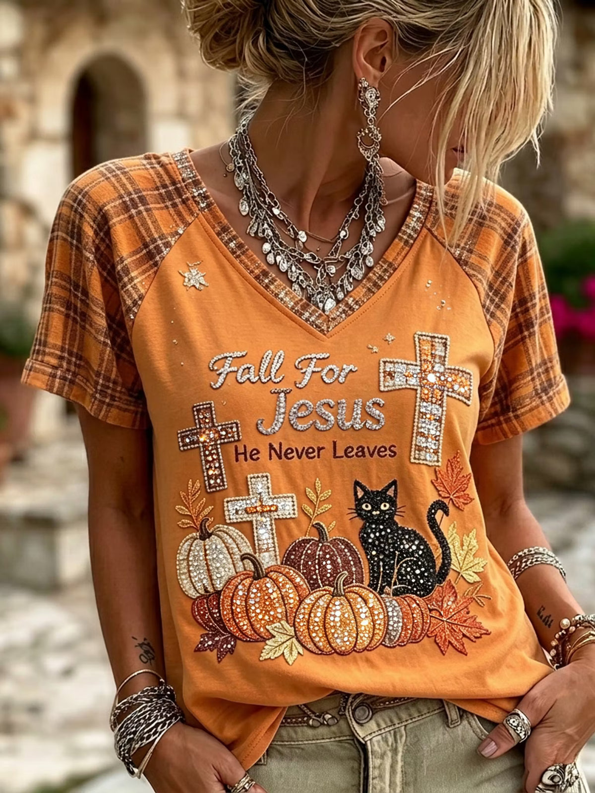 Women's Autumn Pumpkin Cat Art Print V-neck Short Sleeve T-shirt