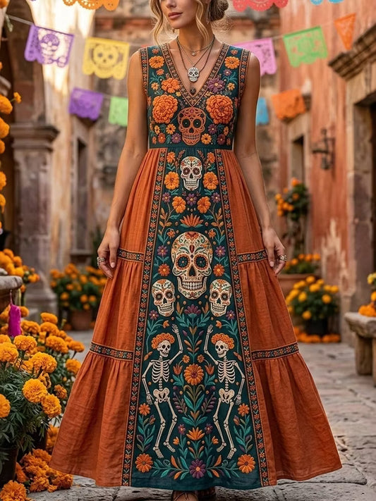 Women's Retro Color Block Mexican Floral Skull Festive Cotton Linen V-neck Sleeveless Dress