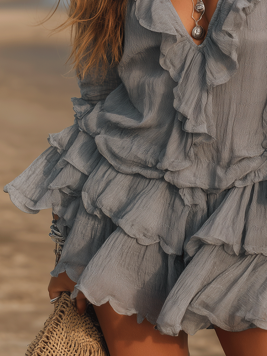 Soft Ash Boho Ruffle Mini Dress