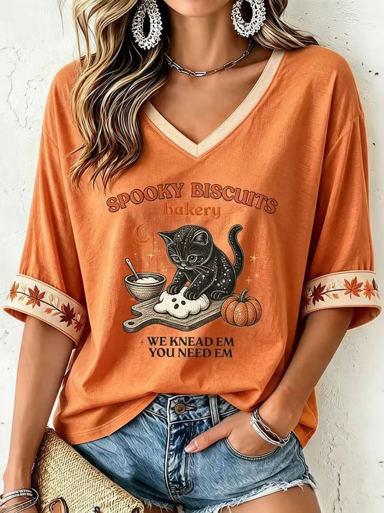 Women's Halloween Spooky Biscuits Bakery Cute Black Cat Three-quarter Sleeve T-shirt