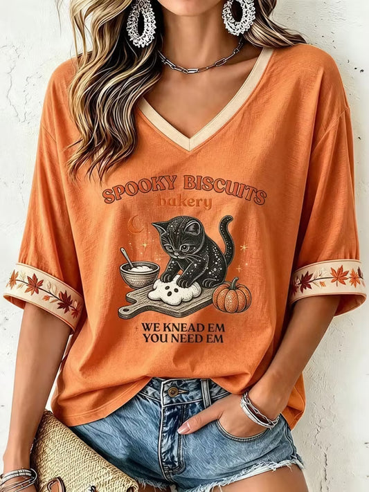 Women's Halloween Spooky Biscuits Bakery Cute Black Cat Three-quarter Sleeve T-shirt