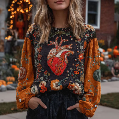 Women's Retro Halloween Heart Floral Embroidery Casual Cotton Linen Long-sleeve T-shirt