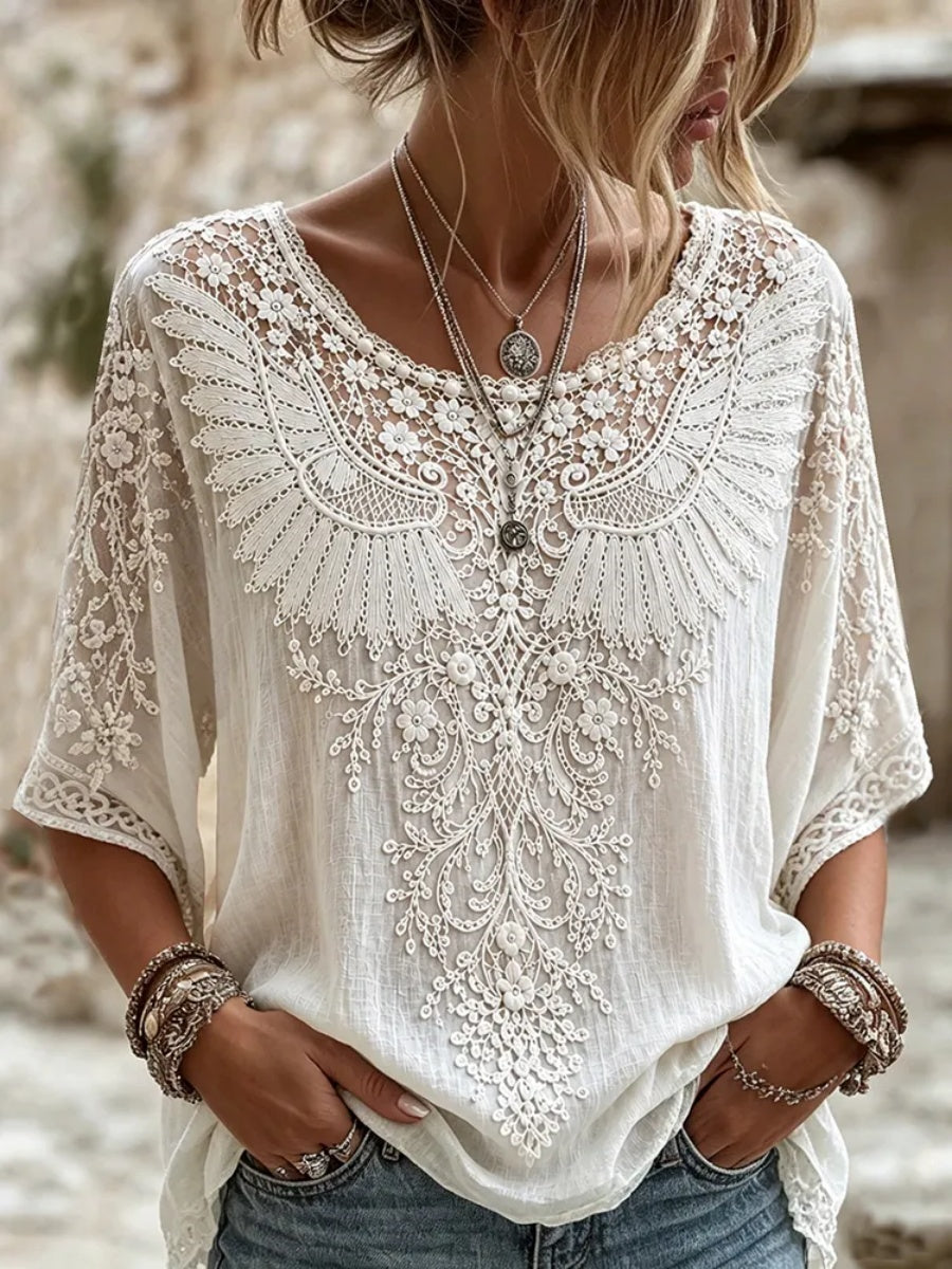 Women's Vintage Floral With Wings Art Linen Three-quarter Sleeves Shirt