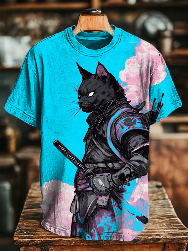 Men's Domineering Black Cat Warrior Knight Print T-Shirt