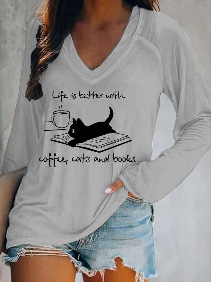 Coffee Cat And Book Print Women's Long-Sleeved V-Neck T-Shirt