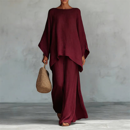 Women's Loose Fit Long Sleeve Top & Wide Leg Pants Set