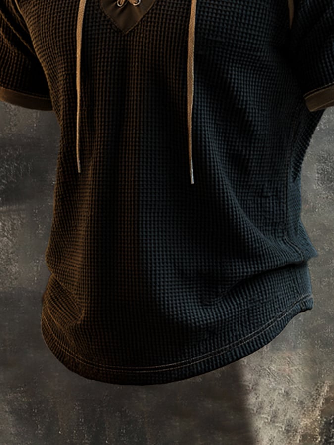 Men's Retro Color-Block Waffle-Knit Lace-Up Short-Sleeve Hoodie