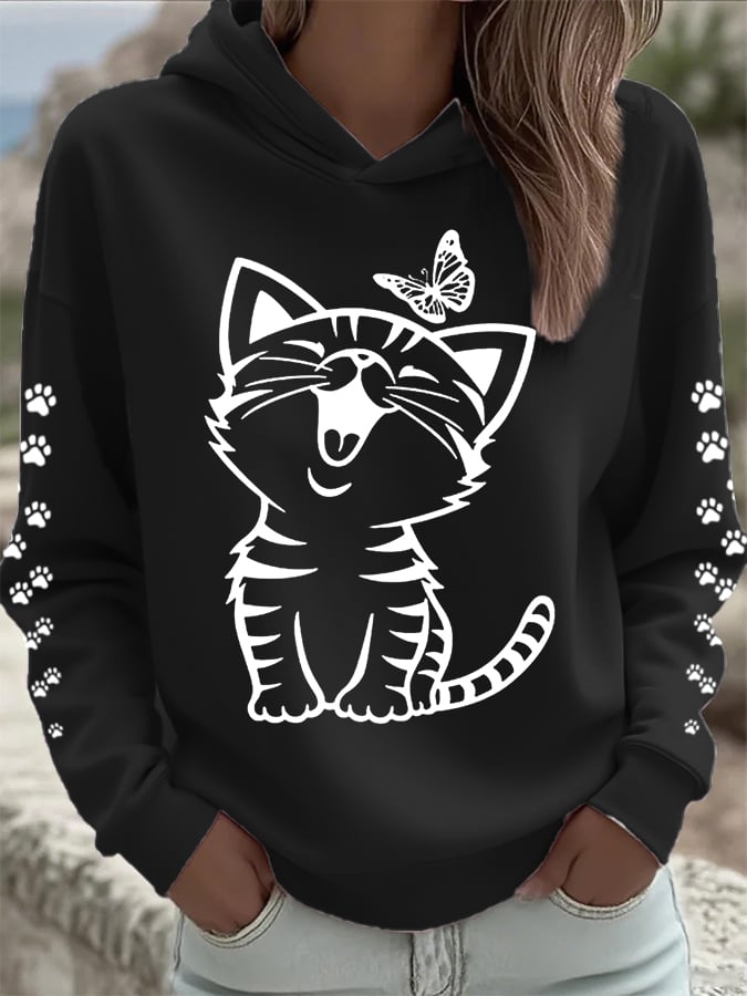 Women's Cat Print Casual Hoodie