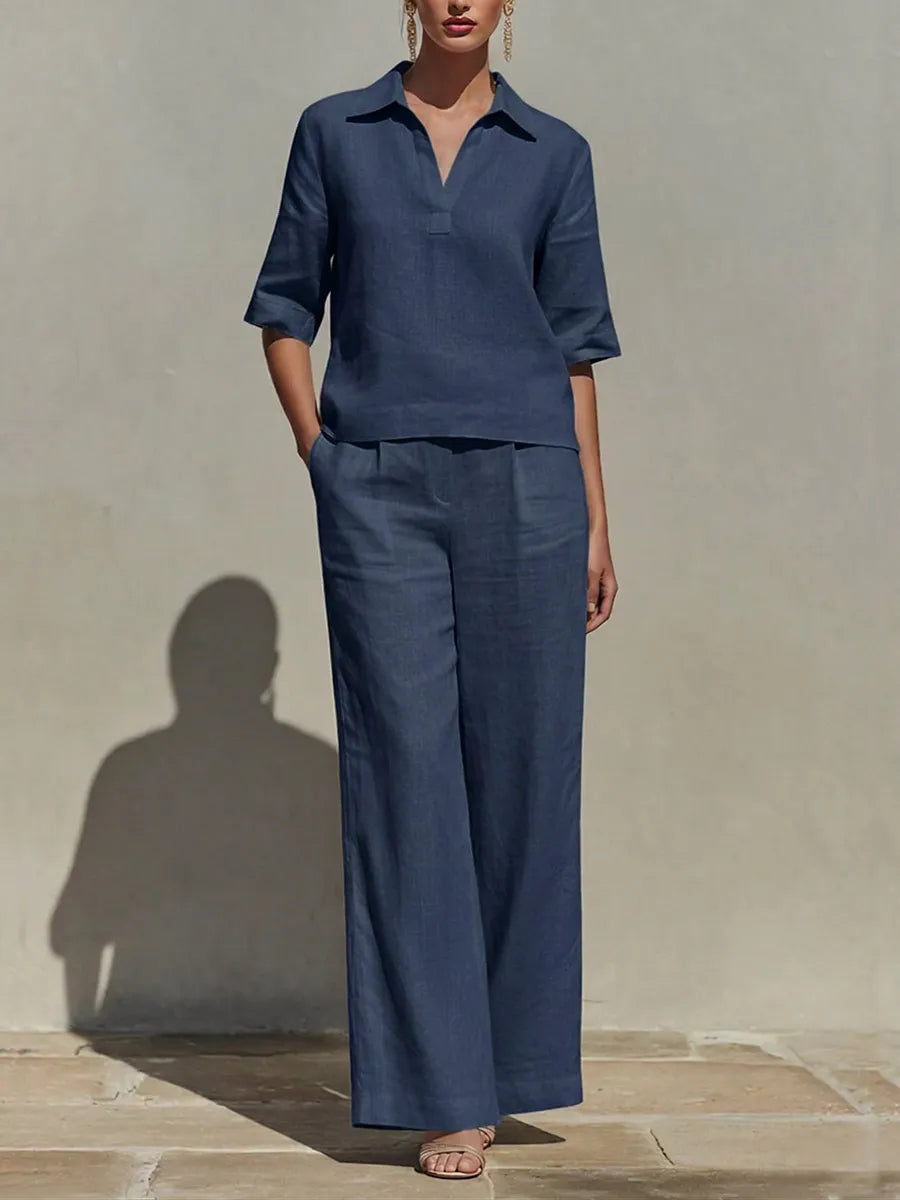 Women's Solid Cotton Linen Two-Piece Set