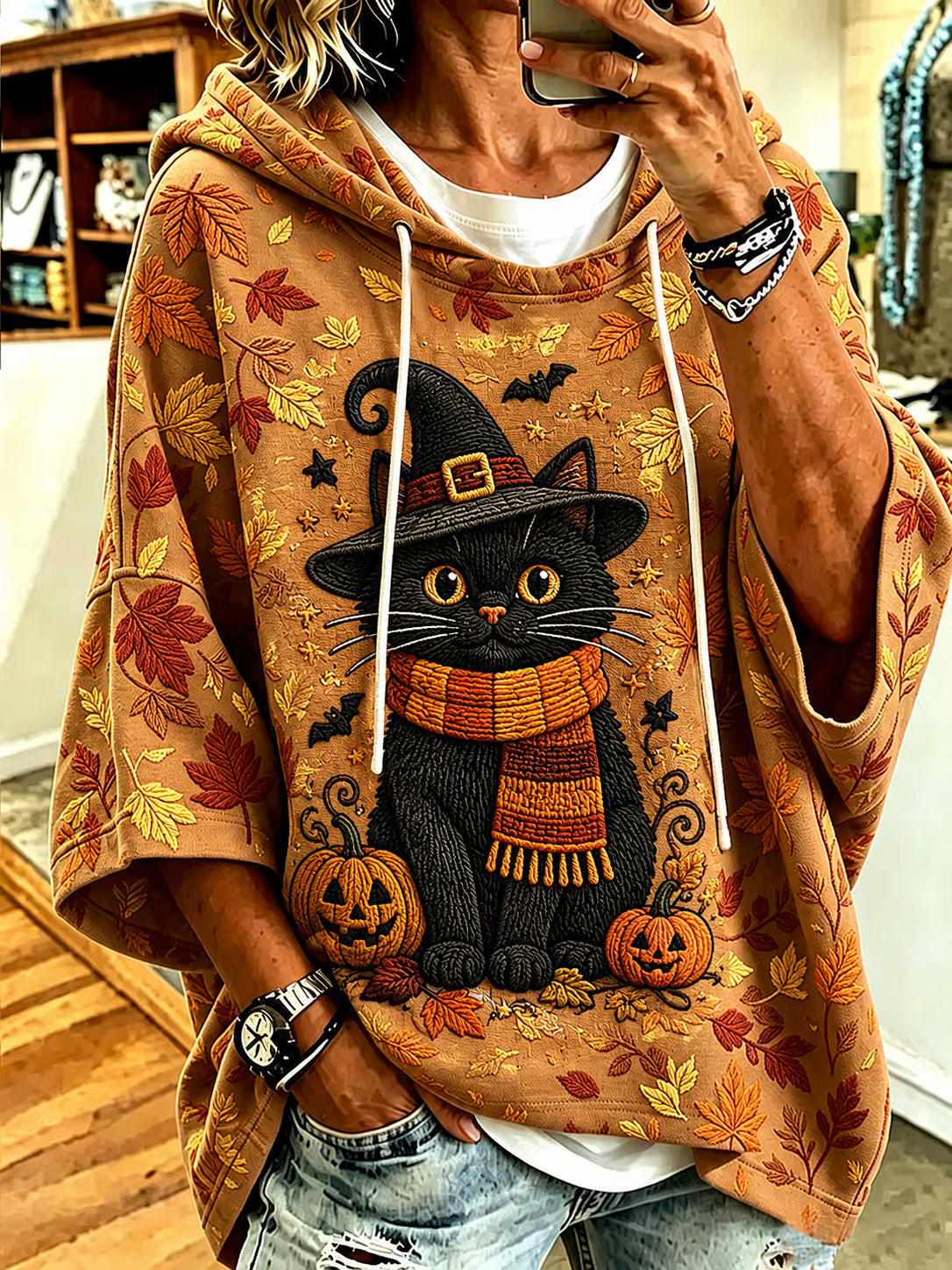 Women's Autumn Theme Adorable Ghost Pattern Casual Short-Sleeve Hoodie