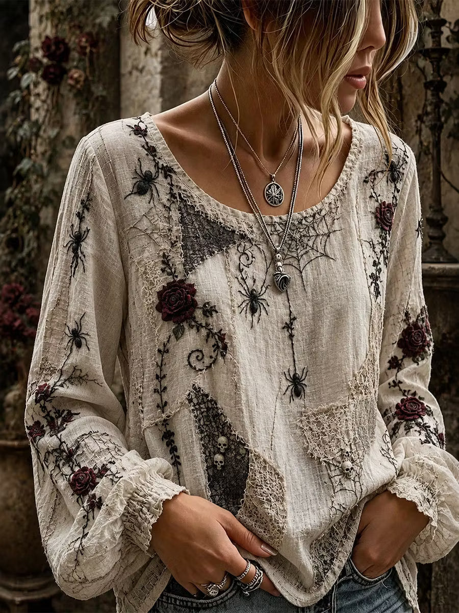 Women's Retro Skull Rose Spider Design Round Neck Cotton Linen Long Sleeve T-shirt