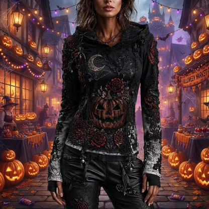 Women's Halloween Gothic Black Pumpkin, Crescent Moon & Rose Zip Hoodie