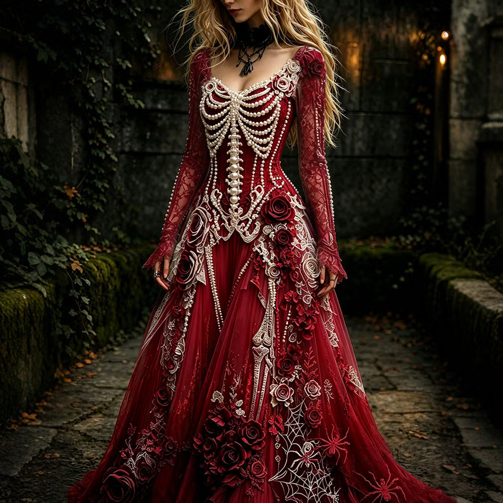Women's Retro Gothic Skeleton And Rose Pattern Maxi Halloween Dress
