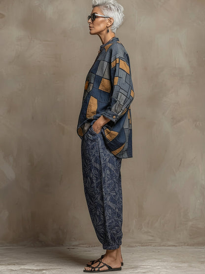 Bohemian Art-print Linen And Cotton Two-piece Top And Pants Set