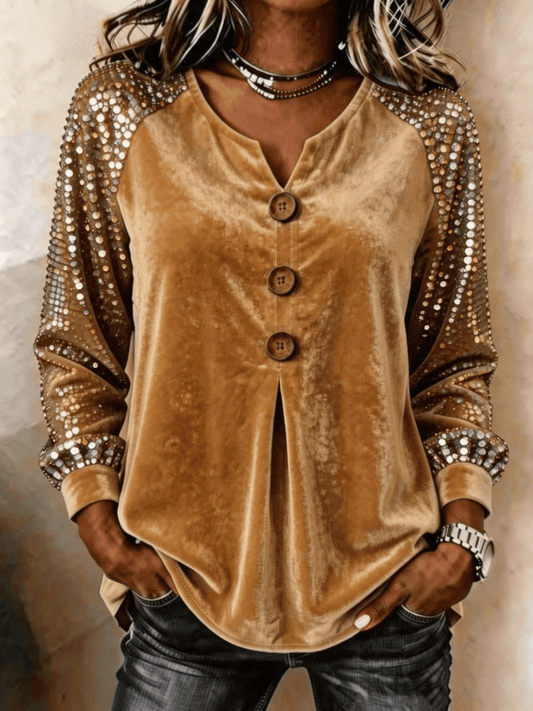 Women's Casual V-Neck Sequin Long-Sleeve Button-Front Top