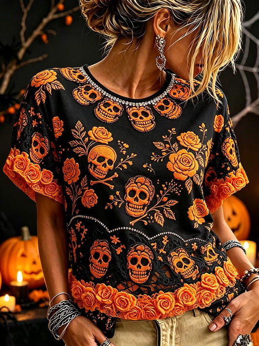 Women's Retro Halloween Skull Floral Art Casual Crew Neck Short Sleeve T-shirt