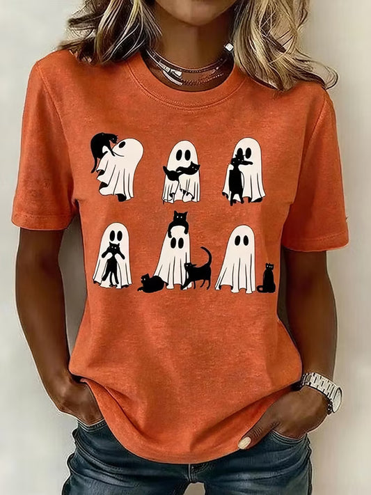 Women's Retro Halloween Ghost And Cat Pattern Crew Neck T-shirt
