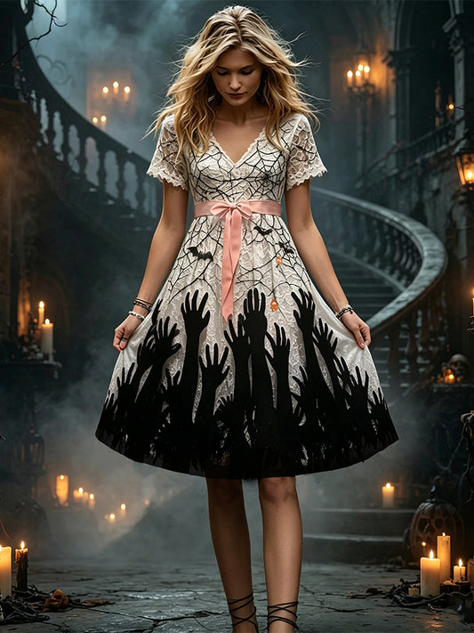Halloween Gothic Spiderweb Zombie Hands Lace Midi Dress