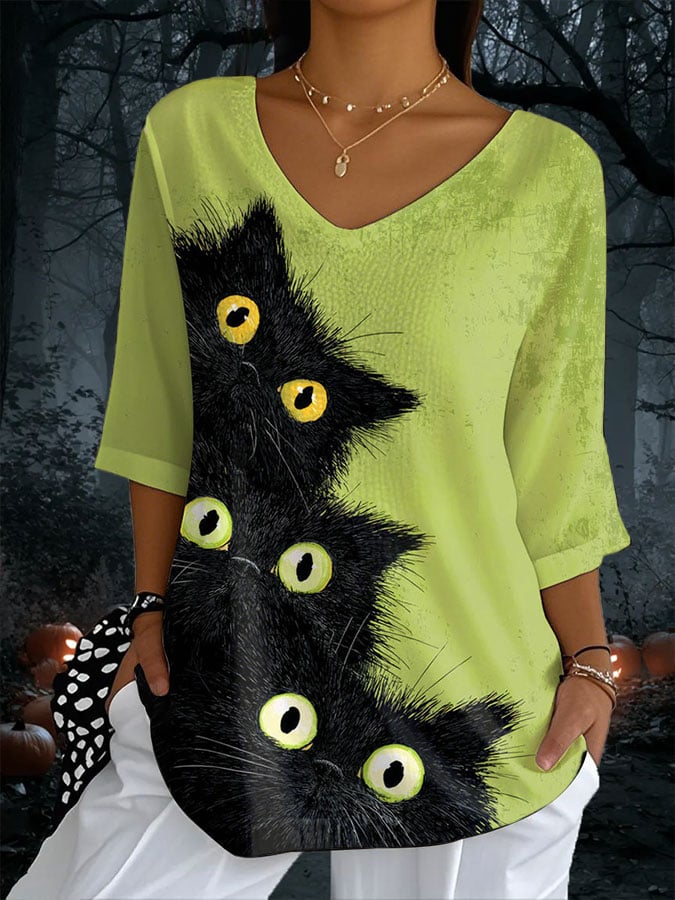 Women's Halloween Black Cat Print T-shirt