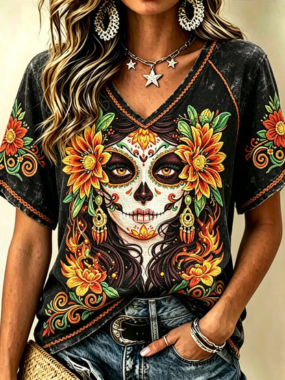 Women's Retro Vacation Floral Skull Design Cotton Linen Top