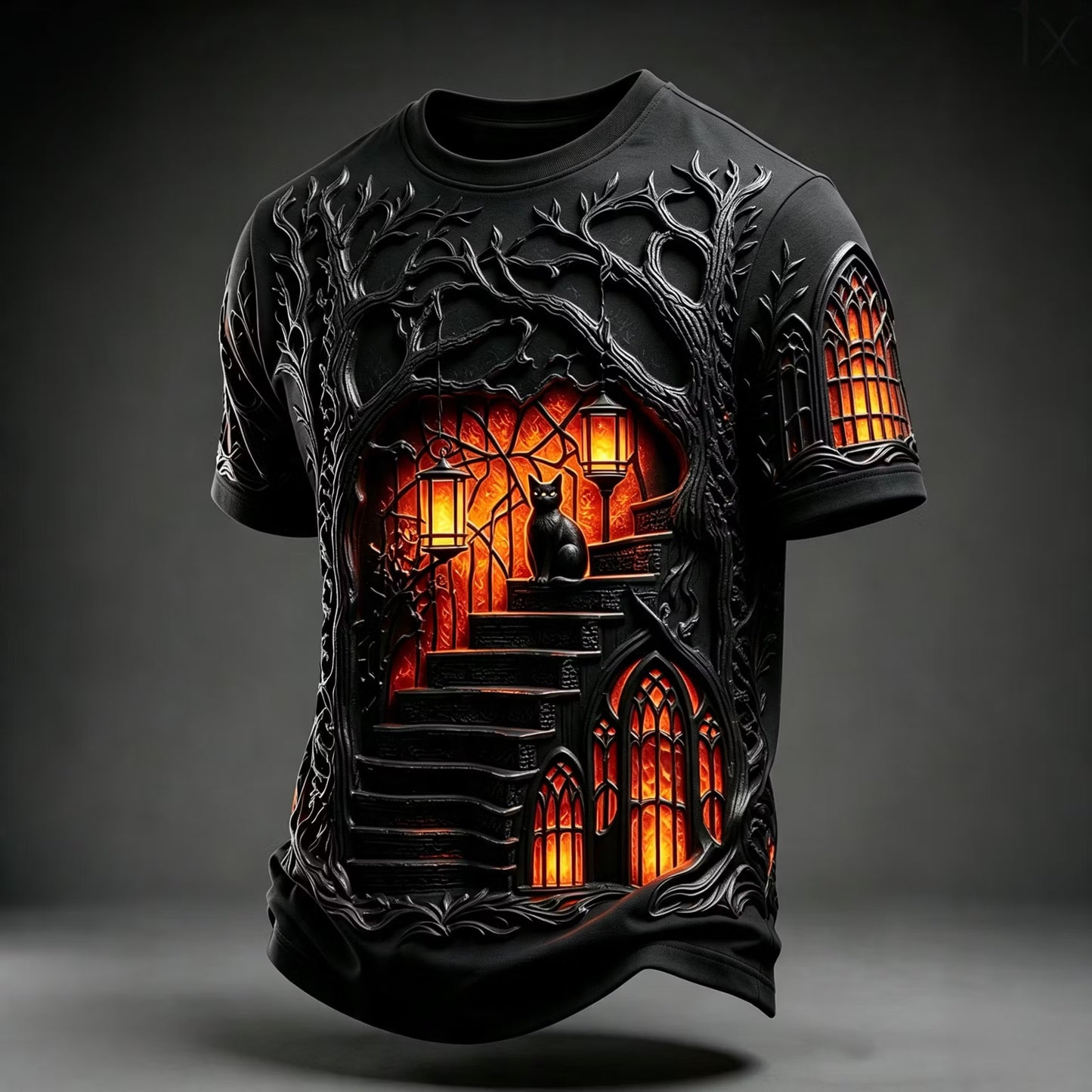 Men's Retro Halloween Castle And Black Cat Pattern Casual T-shirt