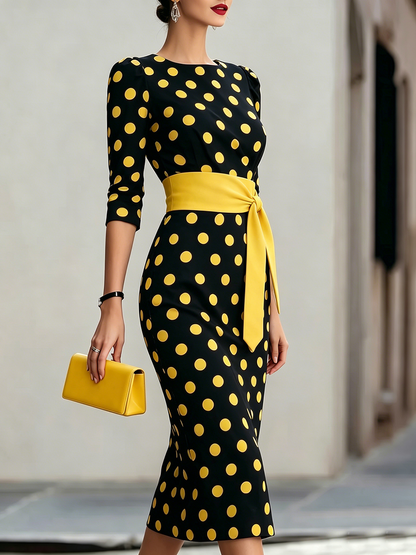 Elegant Artistic Polka-dot Print Stretch Dress