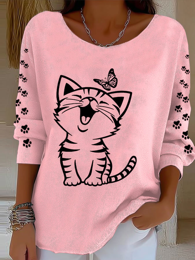 Women'S Cute Cat Print Casual Knitted Top