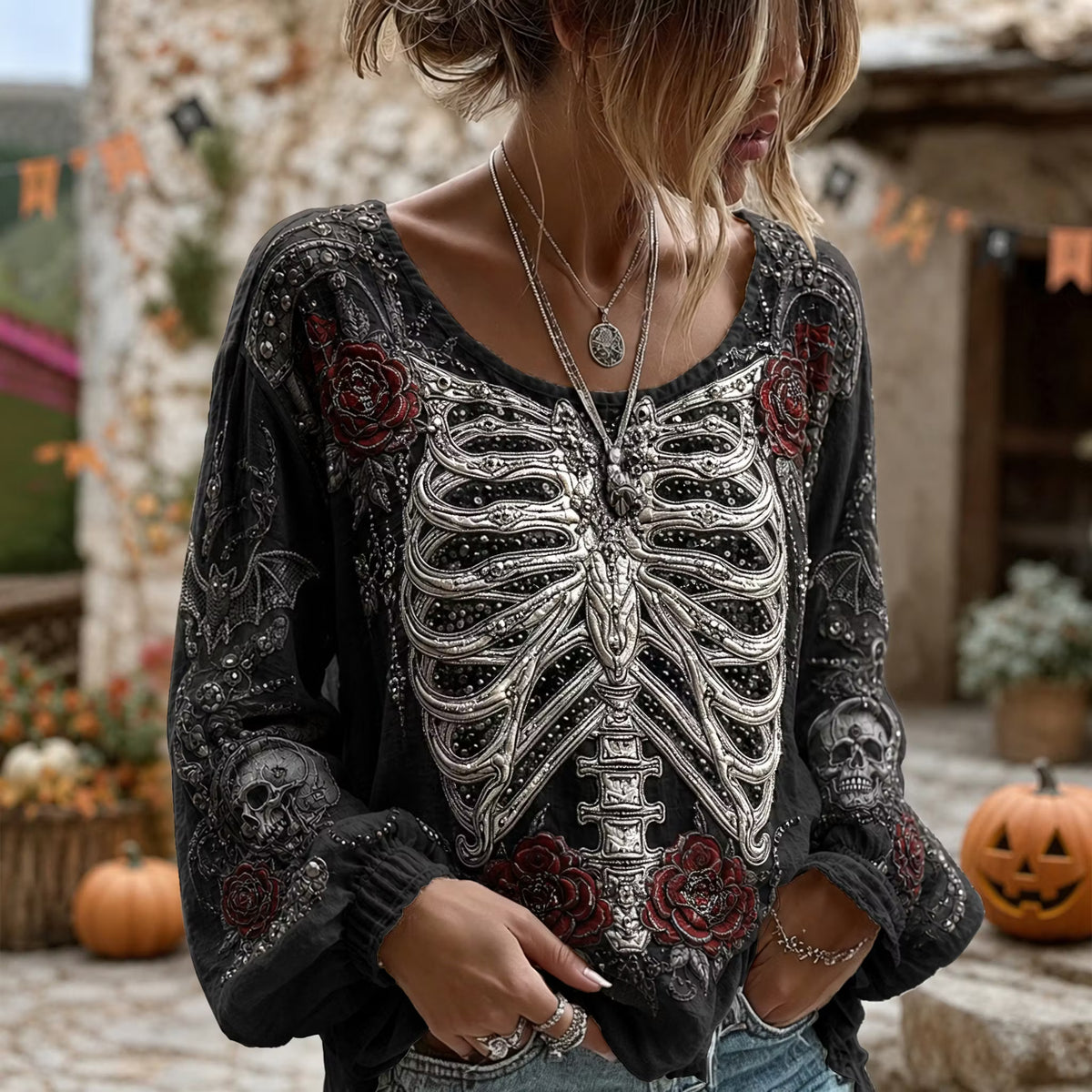 Women's Retro Halloween Spider Skeleton Themed Casual Crew Neck Long Sleeve T-shirt