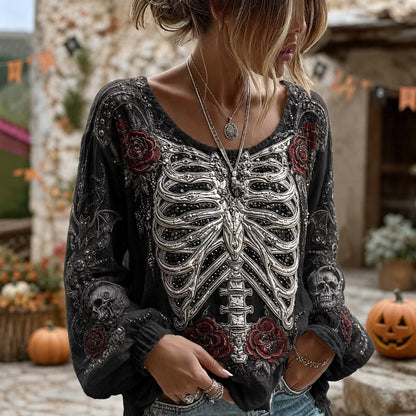 Women's Retro Halloween Spider Skeleton Themed Casual Crew Neck Long Sleeve T-shirt