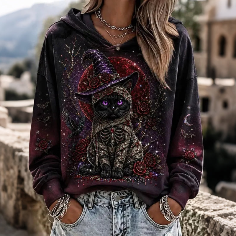 Women's Tie-up Witch Cat Floral Loose Hoodie