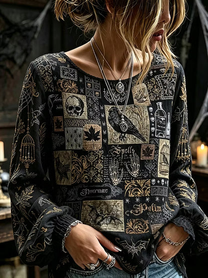 Women's Halloween Vintage Spider And Spiderweb Art Print Casual Crewneck Long Sleeve Top