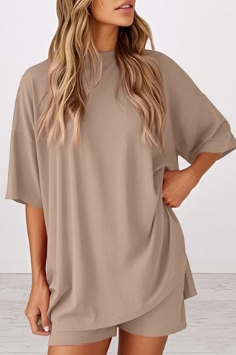 Women 2 Piece Outfits Crew Neck Oversized Tshirts and Biker Shorts with Pocket Matching Lounge Sets