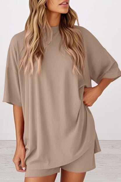Women 2 Piece Outfits Crew Neck Oversized Tshirts and Biker Shorts with Pocket Matching Lounge Sets