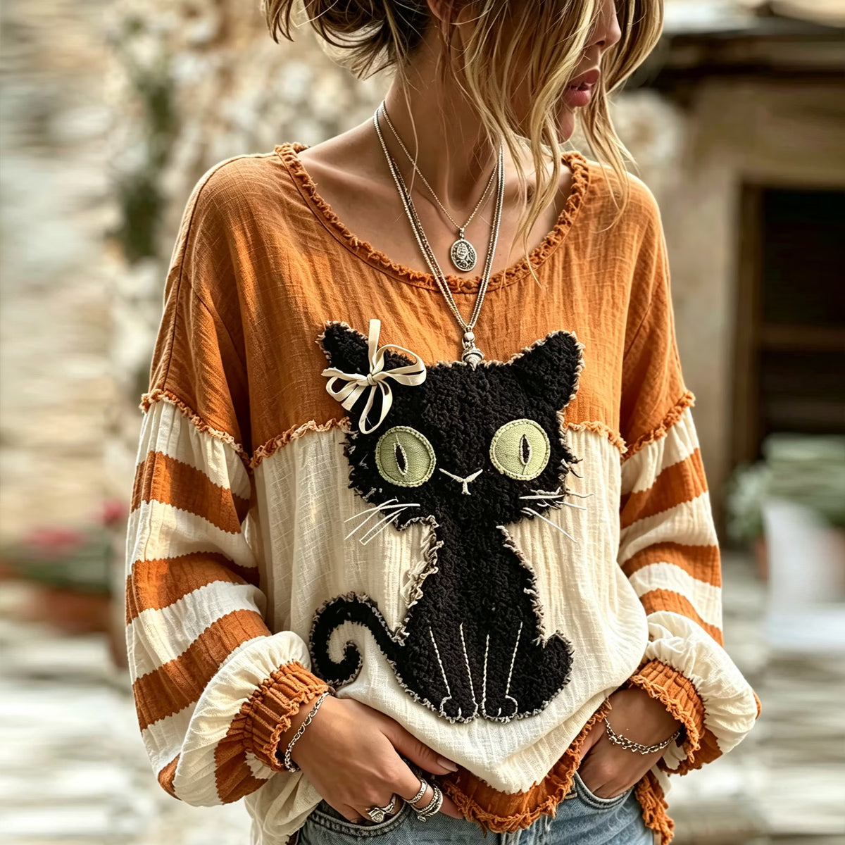 Women's Retro Black Cat Art Crew Neck Comfortable Long Sleeve T-shirt