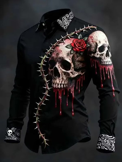 Men's Retro Halloween Skull Art Pattern Casual Shirt