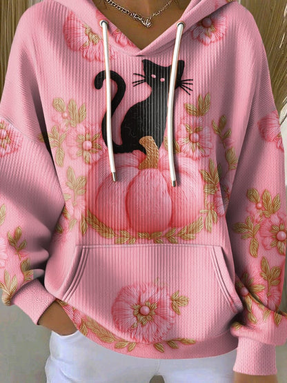 Women's Casual Cat Pumpkin Floral Print Long Sleeve Hooded Sweatshirt