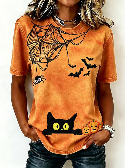 Women's Retro Halloween Spider And Black Cat Art Print Casual T-shirt