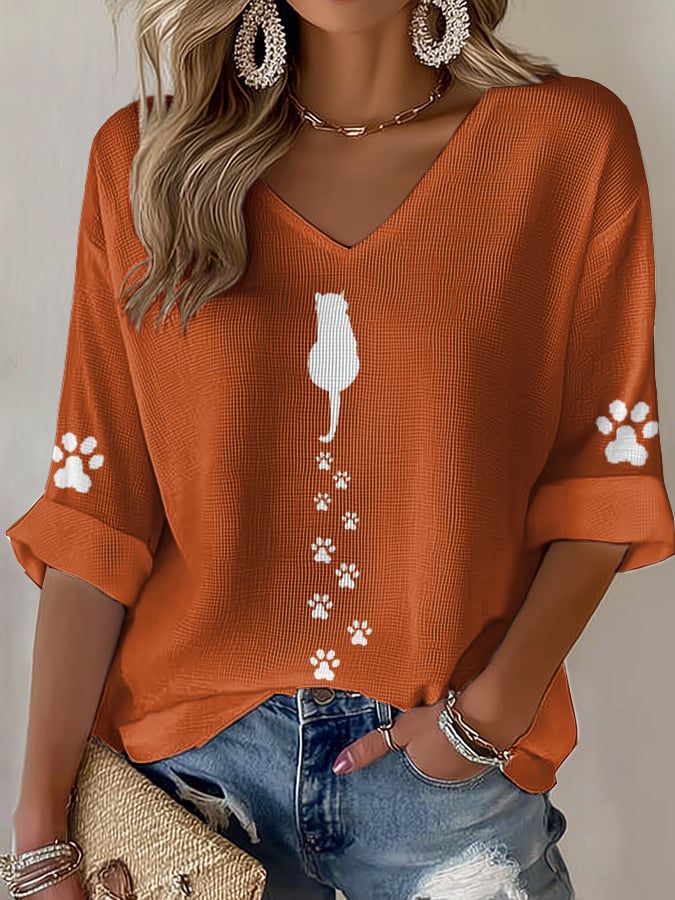 Women's Cute Cat Print Waffle T-shirt