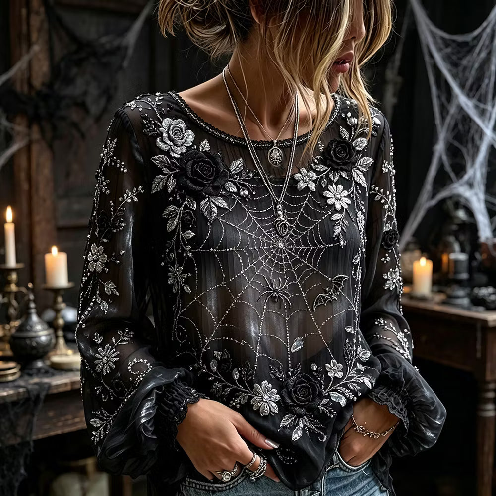Women's Halloween Floral And Spider Art Black Crew Neck Long Sleeve Top