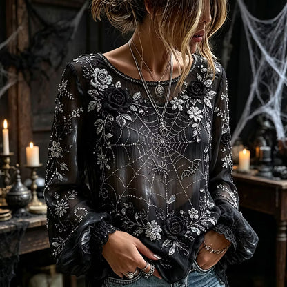 Women's Halloween Floral And Spider Art Black Crew Neck Long Sleeve Top