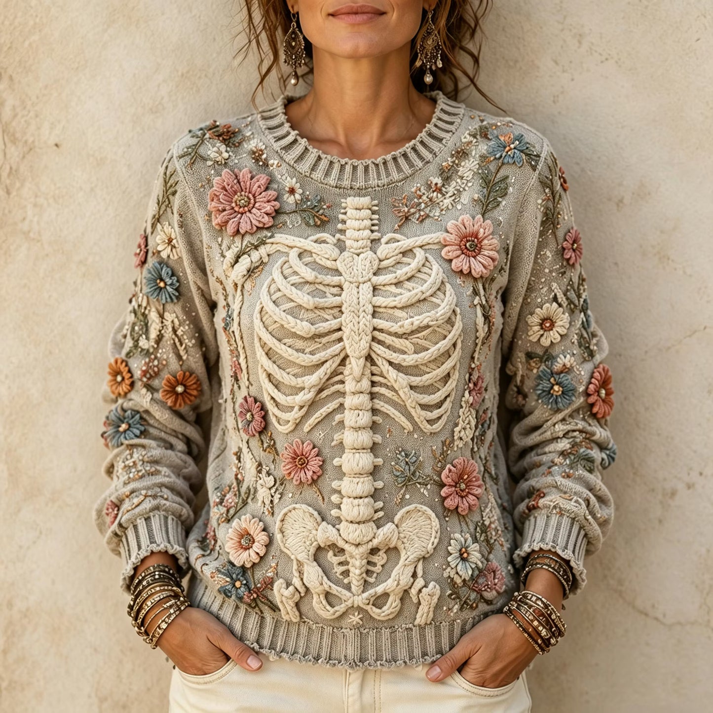 Women’s Boho Halloween Vintage Floral Embroidery 3d Cable Knit Skeleton Ribcage Jumper