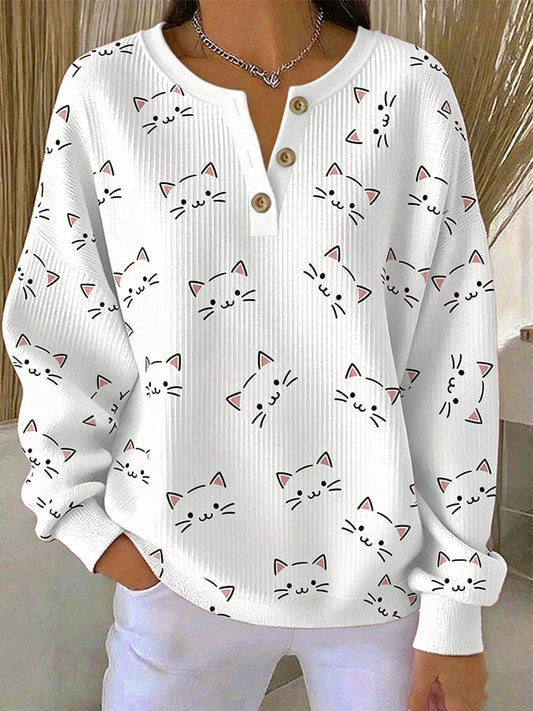 Women's Casual Cat Print Button-Up Collar Knit Top