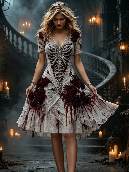 Women's Gothic Skeleton Ribcage White Lace Red Rose Blood Drip 3d Embroidery Halloween Party A-line Dress