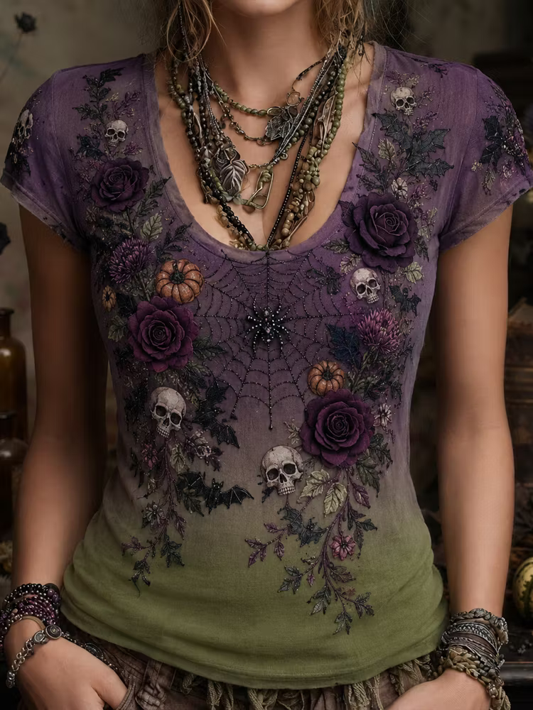 Women's Halloween Gothic Ombre Skull, Spiderweb & Rose Short-sleeve Top